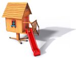 Kinderhaus mit Rutsche auf einem Hühnerfuß aus Akazie Kinderhaus mit Rutsche auf einem Hühnerfuß aus Akazie