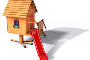 Kinderhaus mit Rutsche auf einem Hühnerfuß aus Akazie Kinderhaus mit Rutsche auf einem Hühnerfuß aus Akazie