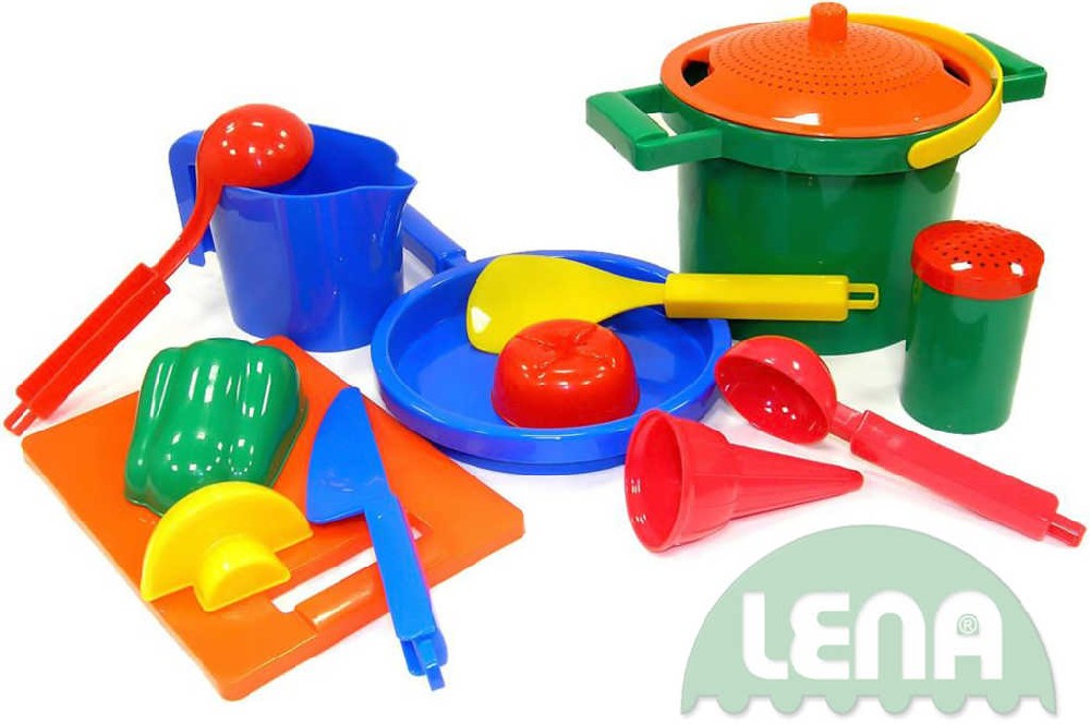 lena-set-kuchynsky-plastovy-na-vareni-14-dilu-na-pisek LENA Kunststoff-Kochset 14-teilig für Sand LENA Kunststoff-Kochset 14-teilig für Sand
