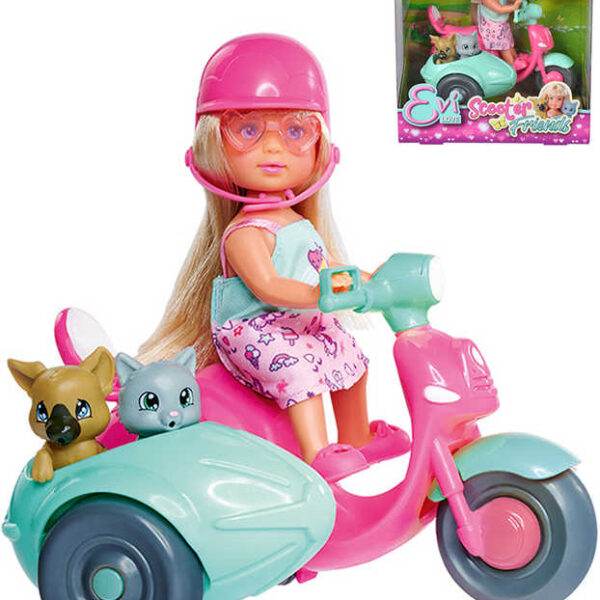 SIMBA Evička Puppe 12cm auf Roller mit Beiwagen und 2 Haustiere SIMBA Evička Puppe 12cm auf Roller mit Beiwagen und 2 Haustiere