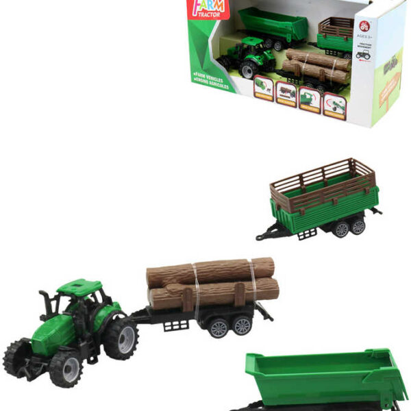 Traktor grün mit 3 Anhängern und 3 Holzscheiten Spielset im Karton Kunststoff Traktor grün mit 3 Anhängern und 3 Holzscheiten Spielset im Karton Kunststoff
