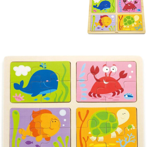 VIGA WOOD Puzzle on board 4in1 Meerestiere Baby-Puzzle 16 Teile VIGA WOOD Puzzle on board 4in1 Meerestiere Baby-Puzzle 16 Teile