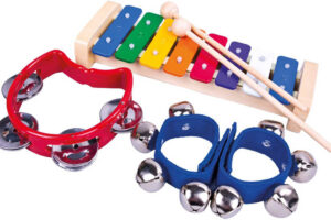 BINO HOLZ Set Xylophon + Tamburin + Glöckchen 3-in-1