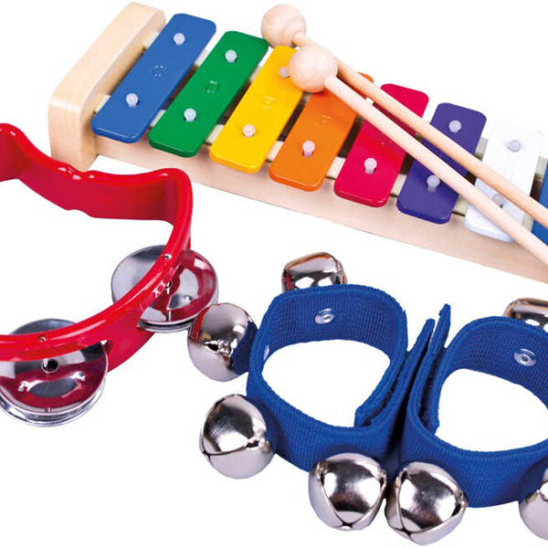 BINO HOLZ Set Xylophon + Tamburin + Glöckchen 3-in-1