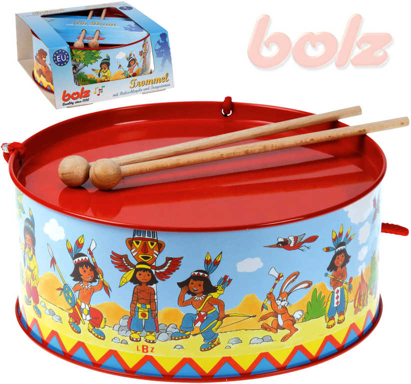 bolz-bubinek-detsky-potisk-indiani-kov-20cm-set-se-2-palickami BOLZ Kindertrommel mit Indianer