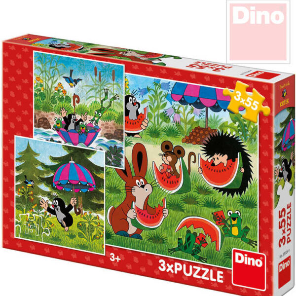 DINO Puzzle „Der Maulwurf und sein Regenschirm“ (Krteček) 18 x 18 cm 3-in-1-Puzzle 3 x 55 Teile