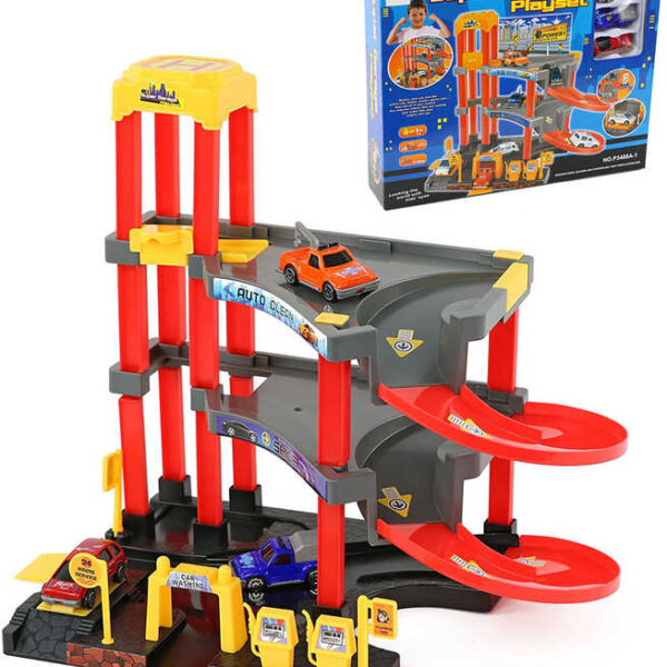 Zweistöckige Garage mit Aufzug + 3 Spielzeugautos mit Zubehör