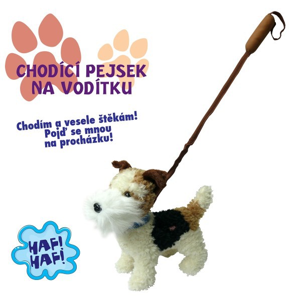 plys-pes-foxterier-s-voditkem-chodici-pejsek PLÜSCH Foxterrier mit Leine – laufender Hund