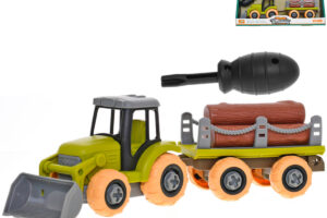 Traktor mit Anhänger – Schraubbausatz mit Werkzeug und Holzscheiten