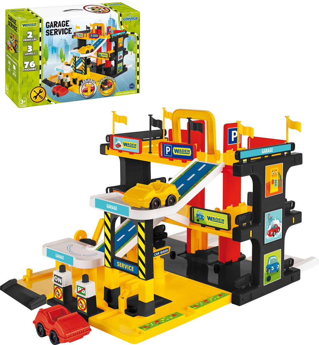 wader-garaz-3-patra-se-servisem-a-myckou-herni-set-se-2-auty-plast WADER Garage mit 3 Etagen