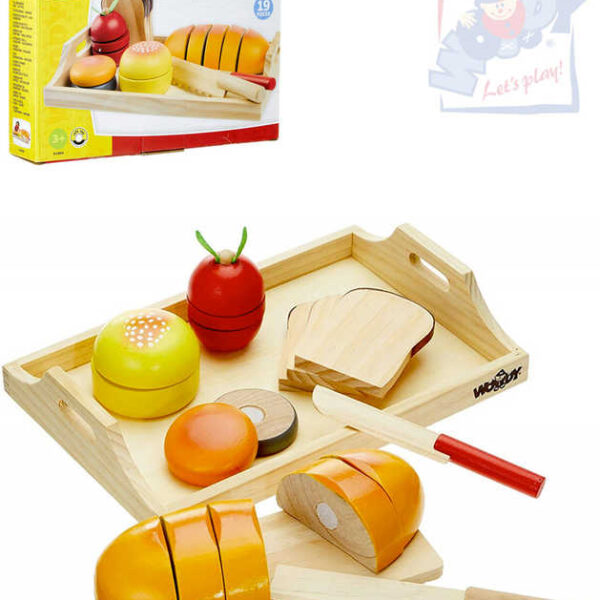 WOODY HOLZ Tablett mit Frühstücksset aus Lebensmittelattrappen zum Schneiden