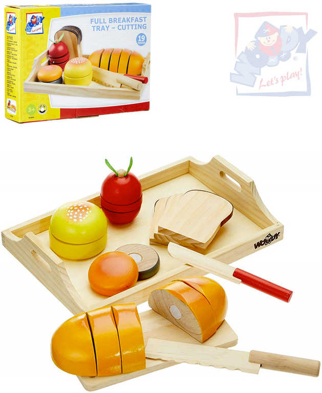 woody-drevo-tac-se-snidani-makety-potravin-na-krajeni-set-se-2-noziky WOODY HOLZ Tablett mit Frühstücksset aus Lebensmittelattrappen zum Schneiden