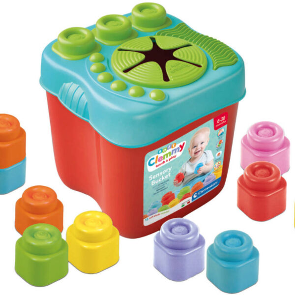 CLEMENTONI CLEMMY Set: Sensorischer Einsteck-Eimer + 15 weiche Würfel für Babys „