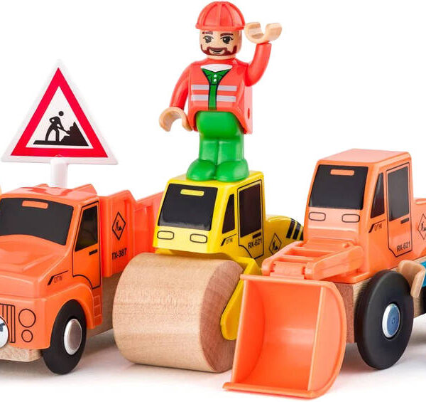 WOODY HOLZ Baumaschinen-Set mit 4 Autos und 2 Figuren – Zubehör für die „