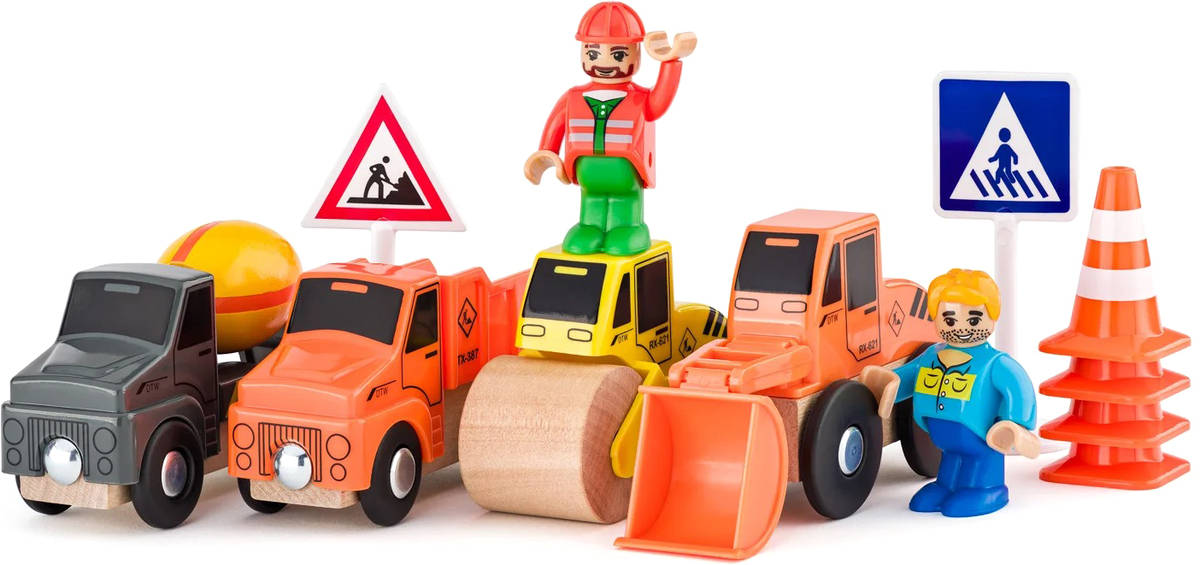 woody-drevo-stavebni-stroje-set-4-auticka-se-2-figurkami-doplnek-k-vlackodraze WOODY HOLZ Baumaschinen-Set mit 4 Autos und 2 Figuren – Zubehör für die „