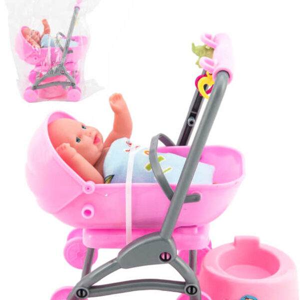 Gelenkpuppe „Baby“ im Set mit Kinderwagen und Töpfchen in einer Plastiktüte