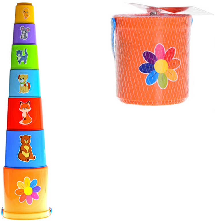 pyramida-baby-skladaci-vezicka-set-stohovaci-kalisky-6ks-v-kyblicku-plast Pyramide Baby – zusammensteckbares Turm-Set mit 6 stapelbaren Bechern in einem Eimer