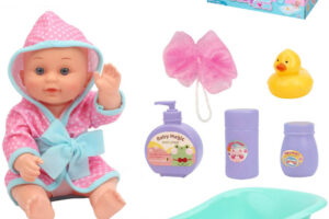 Puppe „Baby im Bademantel in der Babybadewanne“ – Bade-Set mit Zubehör