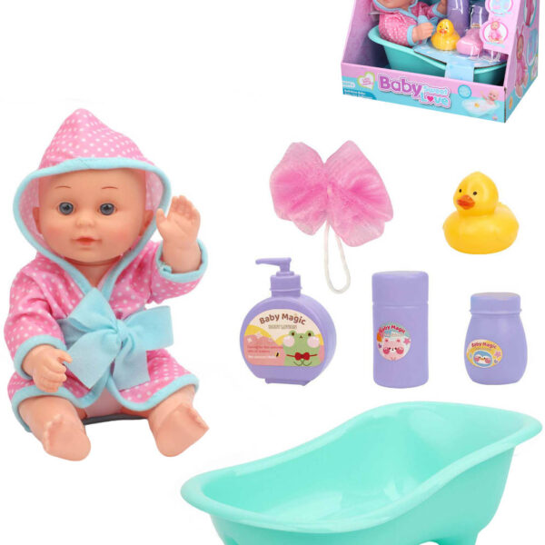 Puppe „Baby im Bademantel in der Babybadewanne“ – Bade-Set mit Zubehör